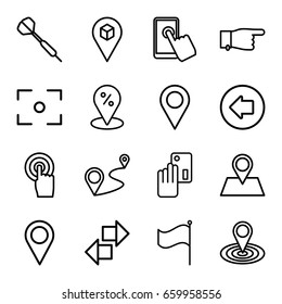 Point icons set. set of 16 point outline icons such as arrow left, pointing, map location, location pin, distance, touchscreen, flag, center focus, dart, creadit card payment