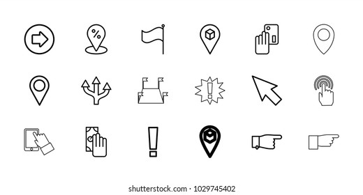 Point icons. set of 18 editable outline point icons: arrow right, pointing, pointer, cash payment, creadit card payment, sale location, arrow, location, flag