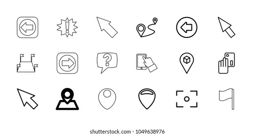 Point icons. set of 18 editable outline point icons: arrow left, pointer, creadit card payment, location, distance, center focus, arrow right, exclamation, location pin