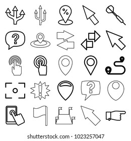 Point icons. set of 25 editable outline point icons such as pointing, pointer, sale location, location, arrow, exclamation, touchscreen, dart, location pin, center focus
