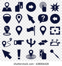 Point icons set. set of 25 point filled icons such as arrow left, arrow right, pointing, map location, location pin, distance, location, touchscreen, flag, dart, center focus