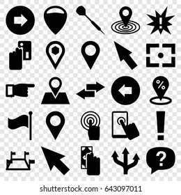 Point icons set. set of 25 point filled icons such as arrow left, arrow right, pointing, map location, location pin, location, touchscreen, flag, dart, center focus, pointer