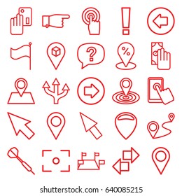 Point icons set. set of 25 point outline icons such as arrow left, arrow right, pointing, map location, location pin, distance, location, touchscreen, flag, center focus