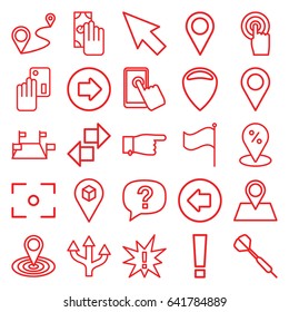 Point icons set. set of 25 point outline icons such as arrow left, arrow right, pointing, map location, location pin, distance, location, touchscreen, flag, center focus, dart