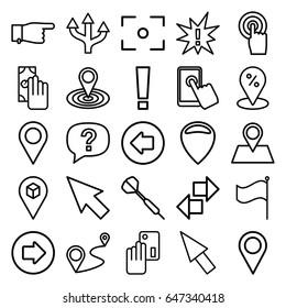 Point icons set. set of 25 point outline icons such as arrow left, arrow right, pointing, map location, location pin, distance, touchscreen, flag, center focus, pointer, dart