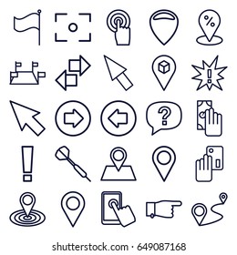 Point icons set. set of 25 point outline icons such as arrow left, arrow right, pointing, map location, location pin, distance, location, touchscreen, flag, center focus
