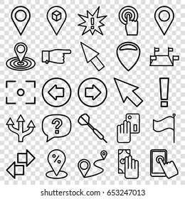 Point icons set. set of 25 point outline icons such as arrow left, arrow right, pointing, map location, distance, location, touchscreen, flag, location pin, center focus