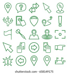 Point icons set. set of 25 point outline icons such as arrow left, arrow right, pointing, map location, location pin, distance, location, flag, center focus, pointer, dart