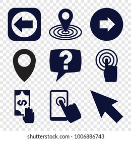 Point icons. set of 9 editable filled point icons such as arrow right, map location, pointer, touchscreen, arrow left, cash payment, location