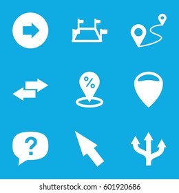 point icons set. Set of 9 point filled icons such as arrow right, distance, pointer, locations, arrow, exclamation, location