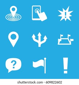 Point icons set. set of 9 point filled icons such as map location, flag, locations, touchscreen, exclamation, location, arrow