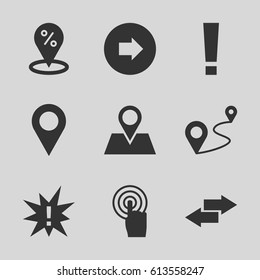 Point icons set. set of 9 point filled icons such as arrow right, location pin, distance, touchscreen, arrow, exclamation, location, sale location