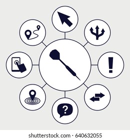 Point icons set. set of 9 point filled icons such as map location, distance, dart, touchscreen, arrow, exclamation, pointer