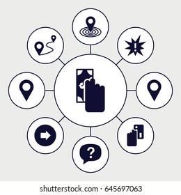 Point icons set. set of 9 point filled icons such as arrow right, map location, distance, location pin, exclamation, cash payment, creadit card payment