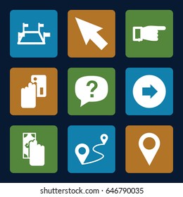 Point icons set. set of 9 point filled icons such as arrow right, pointing, distance, location pin, locations, exclamation, pointer, cash payment