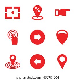 Point icons set. set of 9 point filled icons such as arrow left, arrow right, pointing, map location, touchscreen, center focus, location