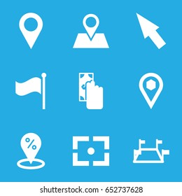 Point icons set. set of 9 point filled icons such as location pin, location, flag, center focus, pointer, locations, cash payment