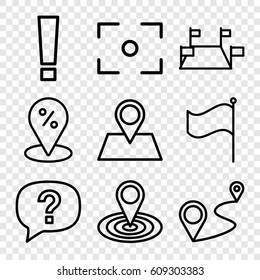 Point icons set. set of 9 point outline icons such as map location, location pin, distance, flag, center focus, sale location, exclamation, exclamation point
