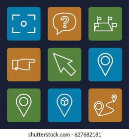 Point icons set. set of 9 point outline icons such as pointing, distance, location, location pin, center focus, pointer, exclamation
