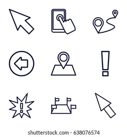 Point icons set. set of 9 point outline icons such as arrow left, location pin, distance, pointer, exclamation, exclamation point, locations