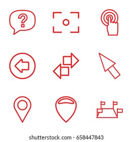 Point icons set. set of 9 point outline icons such as arrow left, touchscreen, center focus, pointer, location, exclamation, locations