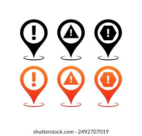 Iconos de conjunto de puntos de interés. Iconos de signo de exclamación. Estilos lineales, de silueta y planos. Iconos vectoriales.