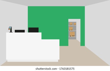 Point of issue of orders with a terminal for payment and boxes in stock