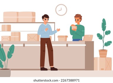 Point of issue of parcels or orders. Worker holding cardboard box and talking with client. Customer and post man, delivery service warehouse vector scene