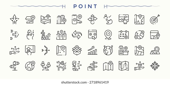 Conjunto de iconos lineales de puntos. Conjunto de iconos de logros. Iconos de línea con trazo editable. Contiene éxito de signo lineal, flecha, logro, estrategia, objetivo y más. Colecciones de trazo editables.
