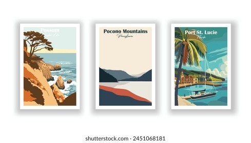 Point Lobos State Natural Reserve, Port St. Lucie, Florida, Possum Kingdom Lake - Vintage travel poster. Vector illustration. High quality prints