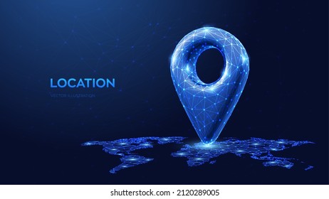 Point of location 3d icon. Navigator pin location checking on world map background. Wireframe gps map marker sign. Low polygonal Navigation pointer global position system symbol. Vector illustration.