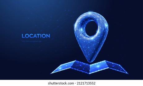 Point of location 3d icon. Navigator pin location checking on abstract folded paper map icon. Gps map marker sign. Low polygonal Navigation pointer global position system symbol. Vector illustration.