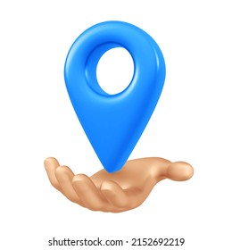 Point of location 3d icon. Pointer of map in hand. Map marker sign. Gps pointer graphic element. Navigation pin point global position system symbol. Vector illustration.