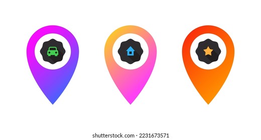 Point of location with different signs. Location pointer. Map pin location icons. Vector illustration