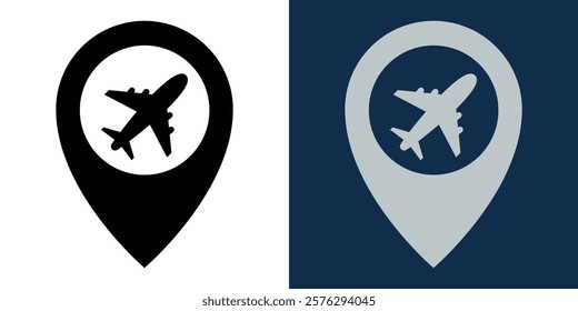 Point location with plane silhouette inside. Pointer of the airport location map. Icon for design of air travel, travelling, navigation or transport. Aviation transport and travel planning.