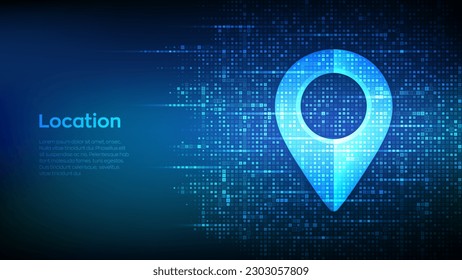 Point of location sign made with binary code. Pointer of map. Matrix background with digits 1.0. Gps pointer graphic element. Navigation pin point global position system symbol. Vector illustration.