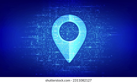 Point of location sign made with binary code. Pointer of map. Matrix background with digits 1.0. Gps pointer graphic element. Navigation pin point global position system symbol. Vector illustration.