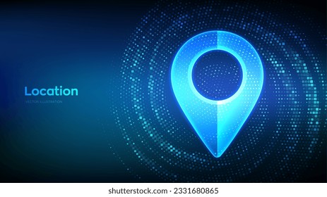 Point of location sign made with binary code. Pointer of map. Gps pointer. Navigation pin point global position system. Virtual tunnel warp made with digital code. Data Flow. Vector Illustration.