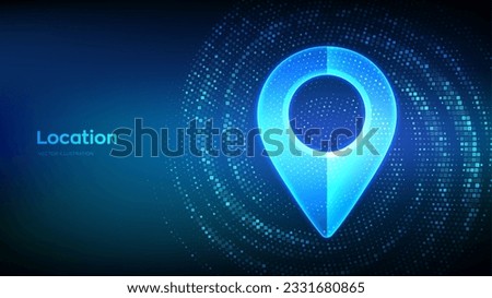 Point of location sign made with binary code. Pointer of map. Gps pointer. Navigation pin point global position system. Virtual tunnel warp made with digital code. Data Flow. Vector Illustration.