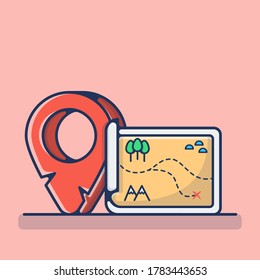 Mapas De Puntos Y Mapas De Papel Ilustración Del Vector. Punto, Cruz Roja, Papel, Vintage, Mapa.  Estilo de caricatura plana adecuado para adhesivos, fondos de escritorio, iconos, etc.