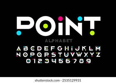 Point. Modern font design with colorful dots inside, alphabet letters and numbers vector illustration