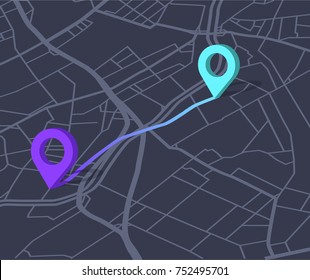 A point on the map. Get directions. Route planning. Build route. The direction of itinerary. Starting point . Endpoint. Distance traveled. Orientation on gps. Vector illustration