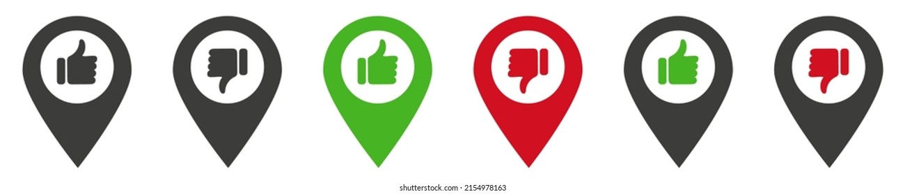 Point on the map with thumb up and down icon. Like pointer icons. Isolated on white background. eps10