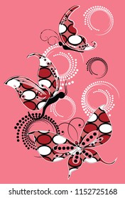 Point patterned butterflies and shapes on pink background. Vector illustration.