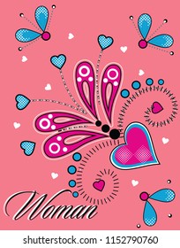 Point patterned colorful hearts and shapes on pink background. Vector illustration.