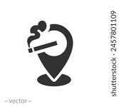 point pin with cigarette icon, smoking location, map pointer for smoke area, flat symbol on white background - vector illustration