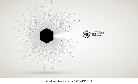 La radiación puntual discurrida alrededor del hexágono. Resumen del fondo de la tecnología vectorial.