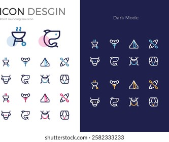 Point round line vector illustration icon camping tent boat kayak barbecue puppy crab fish cow sausage rest play