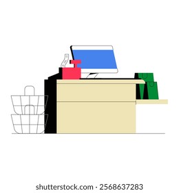  Point Of Sale Counter With Monitor And Shopping Bags In Flat Vector Illustration Symbolizing Retail Transactions And Commerce, Isolated On White Background