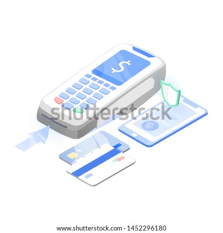 Point of sale, electronic terminal or reader, mobile phone and credit or debit cards. Contactless payment system or technology, digital banking service. Modern colorful isomeric vector illustration.